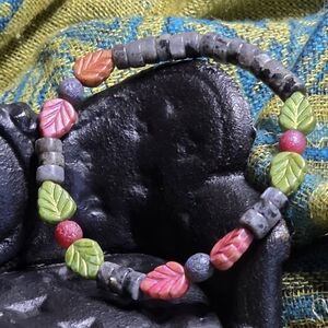 Maroon & Green Leaf Bead Bracelet w/Black & Grey Semi Precious Stone Disc Beads